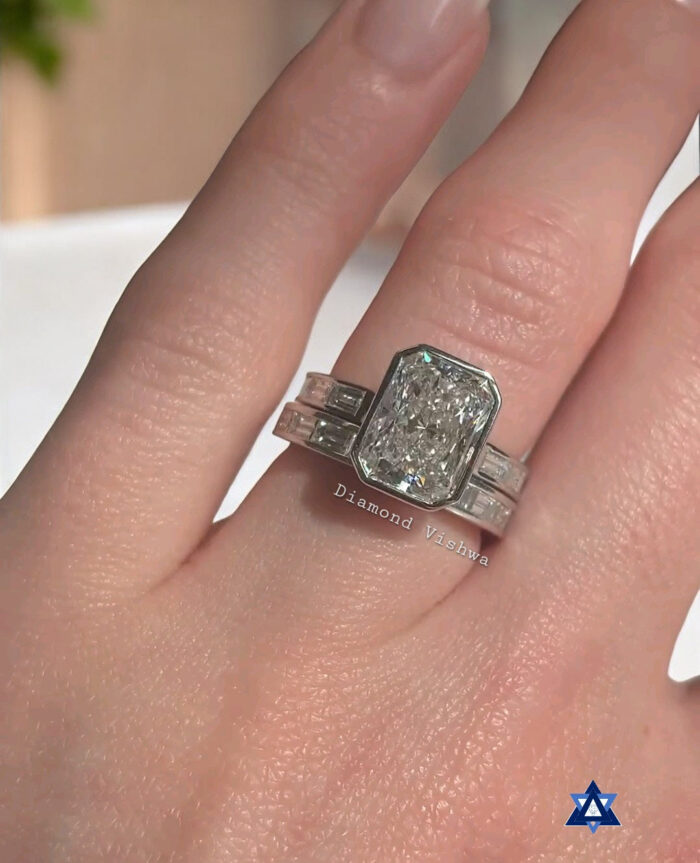 Stunning Radiant Cut Moissanite Engagement Ring Set - Bezel Set in White Gold with half Baguette channel set band, Anniversary gifts, Gifts for mom - Image 6