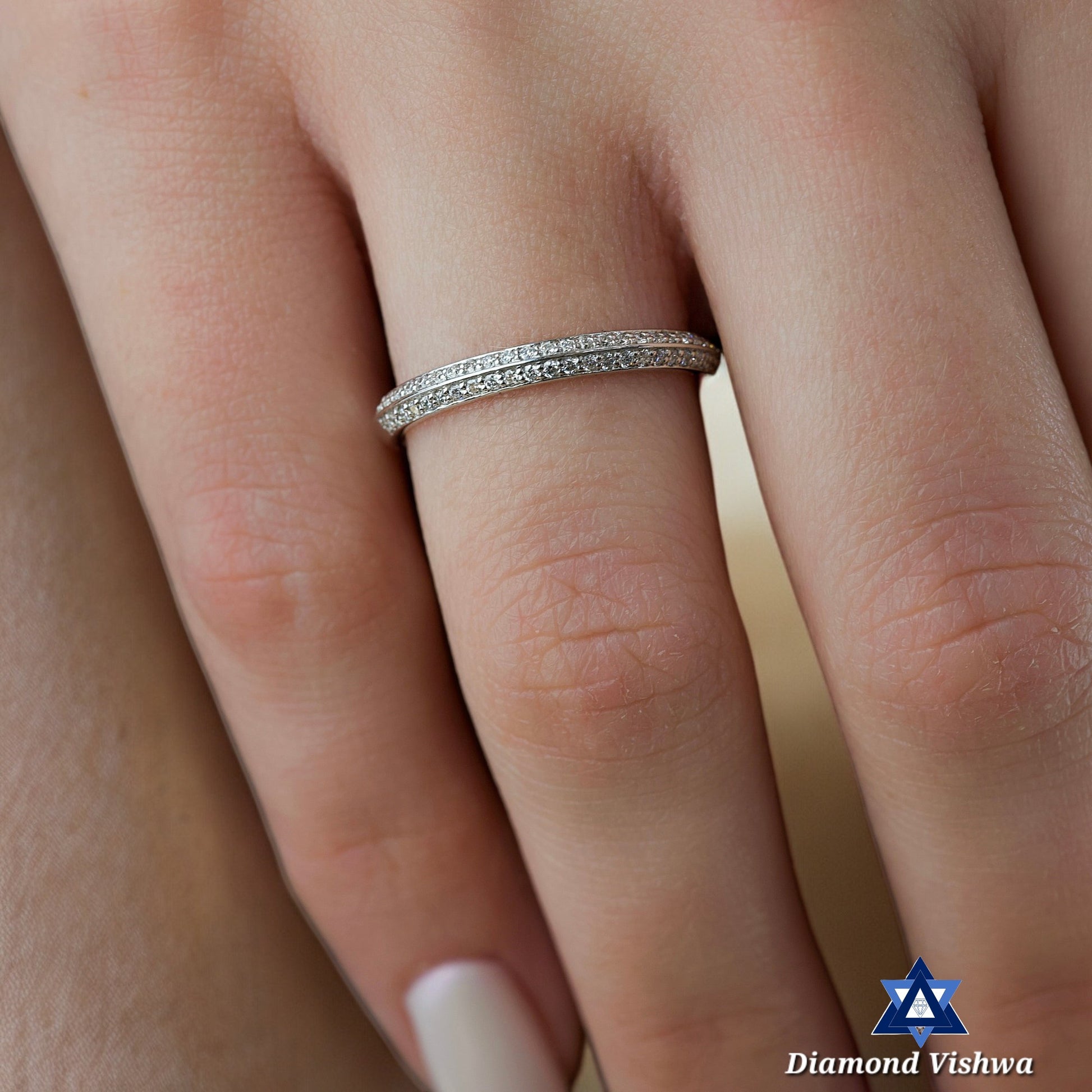 295Q-WB-LDIAM-WG_attis1nYNXEuScZVM-Photoroom Double Pavé Diamond Ring - Brilliant Angled Stones, Decadent Sparkle, Gifts For women, Wedding band - 925 Silver - Image 1