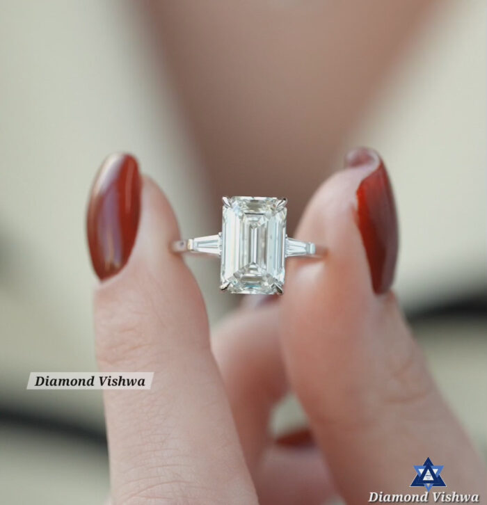 Timeless Emerald Moissanite Ring, Three Stone Design with Diamond Baguettes, Romantic Proposal or Anniversary Gift - Image 2