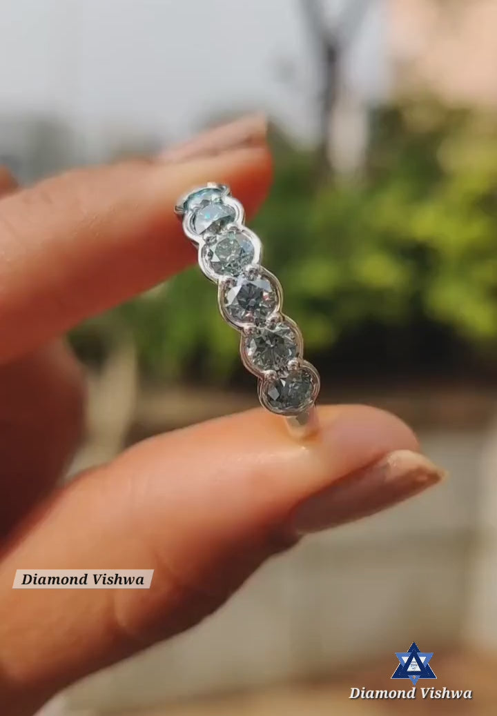 84f2cb3122d54bd5b5f46f41f8fc2abd.thumbnail.0000000000 Cyan Blue Round Moissanite 6-Stone Half Bezel Set Wedding Band - 14K White Gold - 925 Silver - Image 1