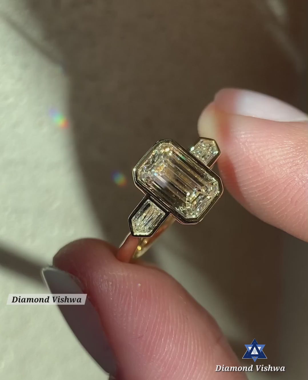 9499c0c773f342899db0691996dd2180.thumbnail.0000000000 Luxurious Three Stone Moissanite Ring - Emerald & Bullet Cut Diamonds with Bezel Setting, Perfect Engagement or Anniversary Present - 925 Silver - Image 1