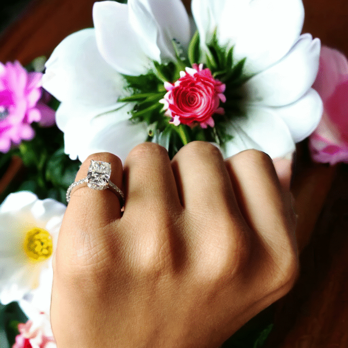 Sparkling Cushion Cut Moissanite, Pave Crown Engagement Ring, Ice Crushed Detail, Exceptional Love Celebration Gift - Image 6