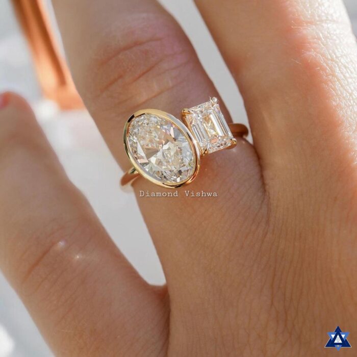 Toi Et Moi Ring 2.96 TW Oval and Emerald Moissanite Two Stone Engagement Ring Perfect Wedding or Anniversary Gifts - Image 2