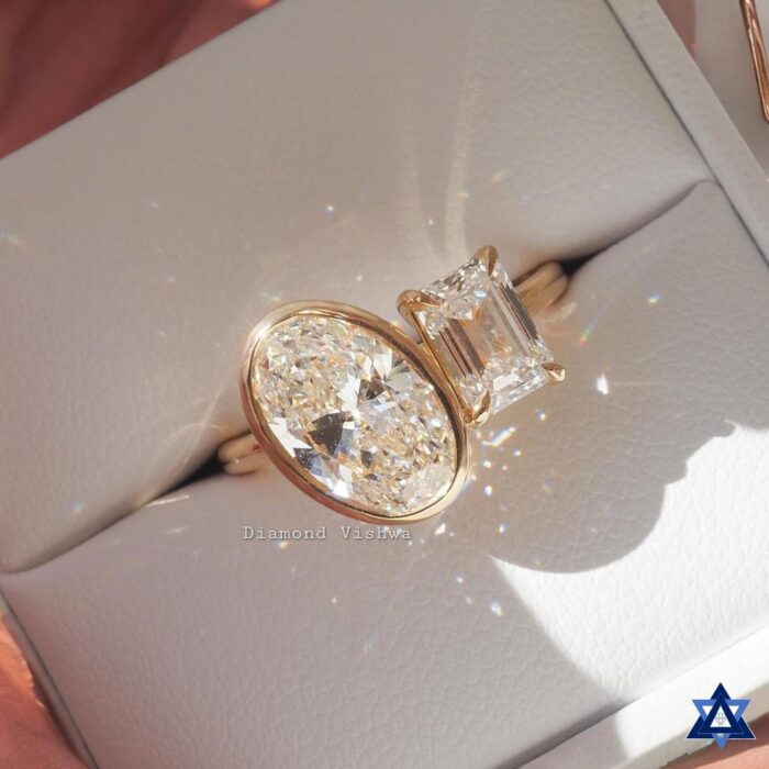 Toi Et Moi Ring 2.96 TW Oval and Emerald Moissanite Two Stone Engagement Ring Perfect Wedding or Anniversary Gifts - Image 3