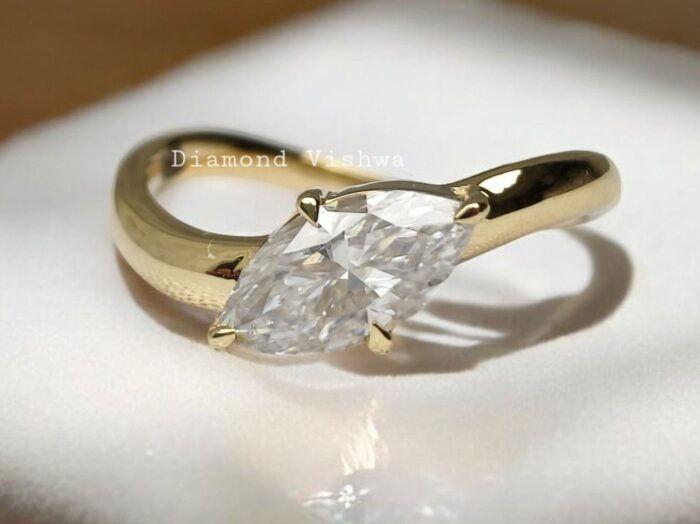 Marquise Cut Moissanite Engagement Ring with Wave Band Design - 925 Silver - Image 3