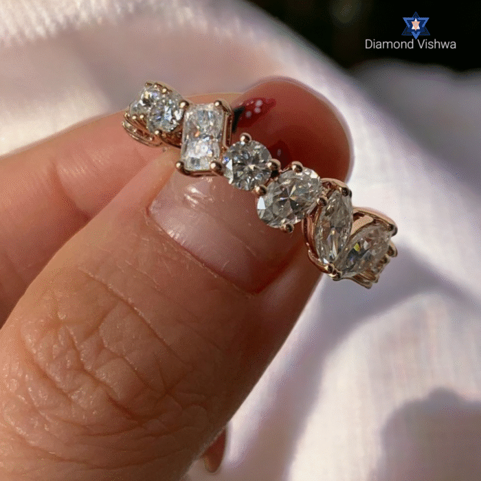 14k Gold Multi-Shape Moissanite Eternity Band - Pear, Emerald & Cushion Cut Gemstone Cluster Ring | Unique Diamond Alternative Anniversary/Wedding Ring for Her - Image 4