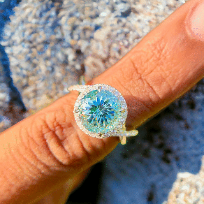 Portuguese Cut Moissanite Engagement Ring Set - 14K White Gold Halo Ring with Blue Moissanite Twist Shank Band - Image 3