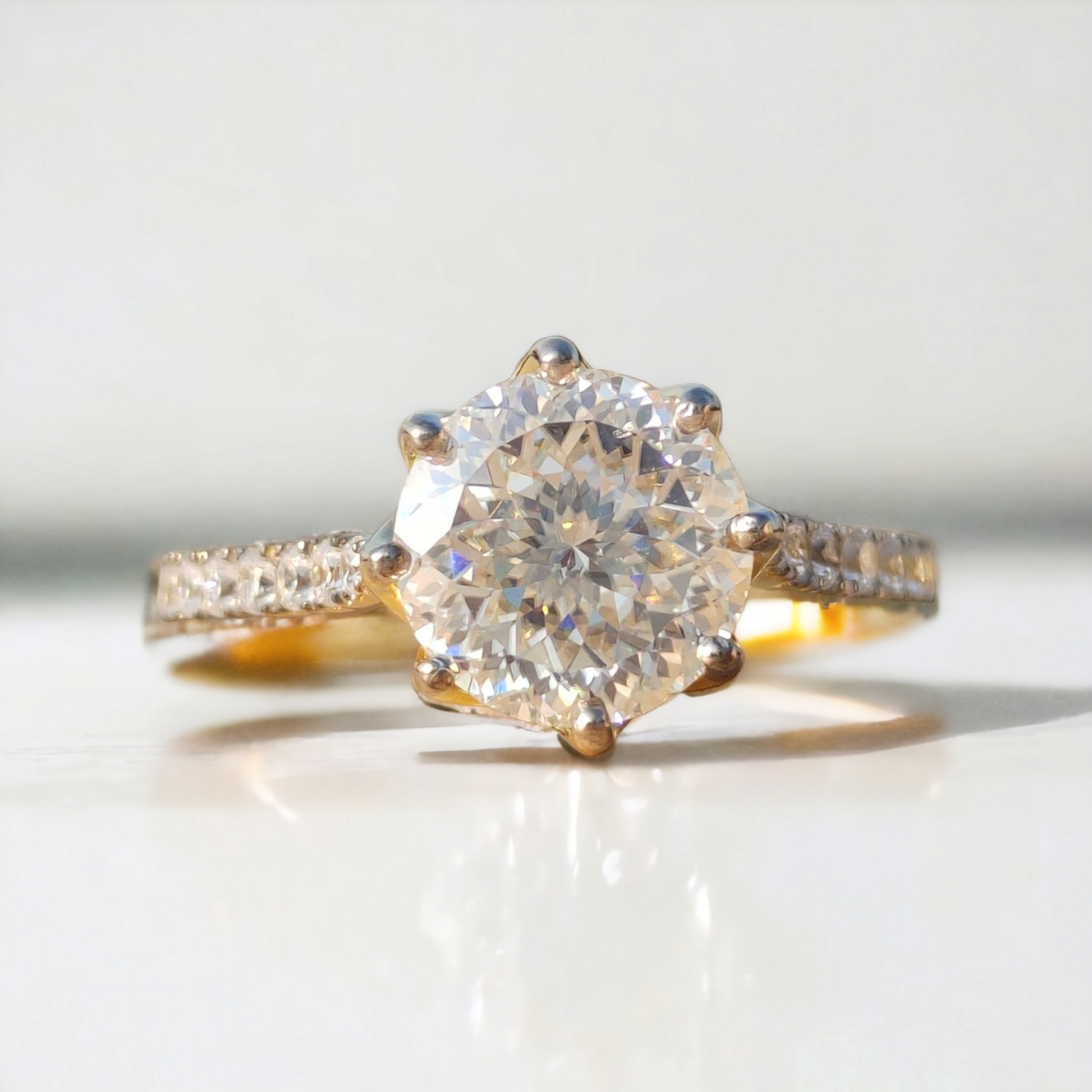 PhotoRoom-20231010_210729 Portuguese Cut Moissanite Diamond Ring, Cathedral Style Half Pave Band, Elegant Solitaire Engagement Ring, Perfect Proposal Gift - Image 1