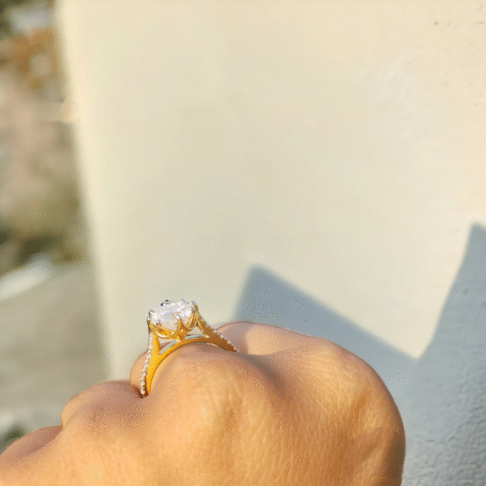 Portuguese Cut Moissanite Diamond Ring, Cathedral Style Half Pave Band, Elegant Solitaire Engagement Ring, Perfect Proposal Gift - Image 6