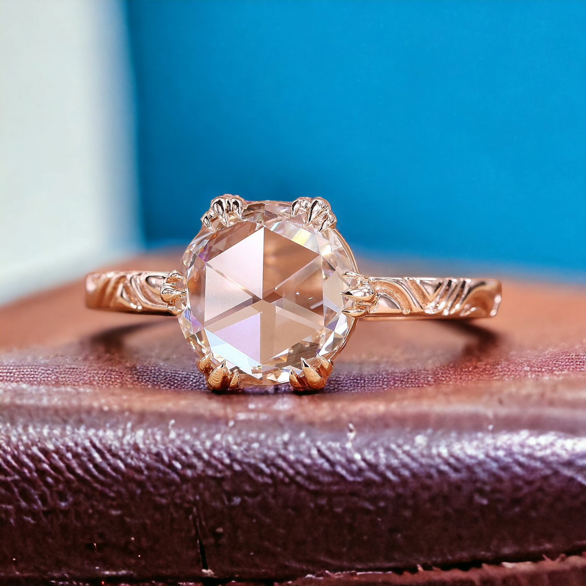 PhotoRoom-20231011_221010 Round Rose Cut Moissanite Diamond Art Deco Fishtail Prong Engagement Wedding Ring - Image 1