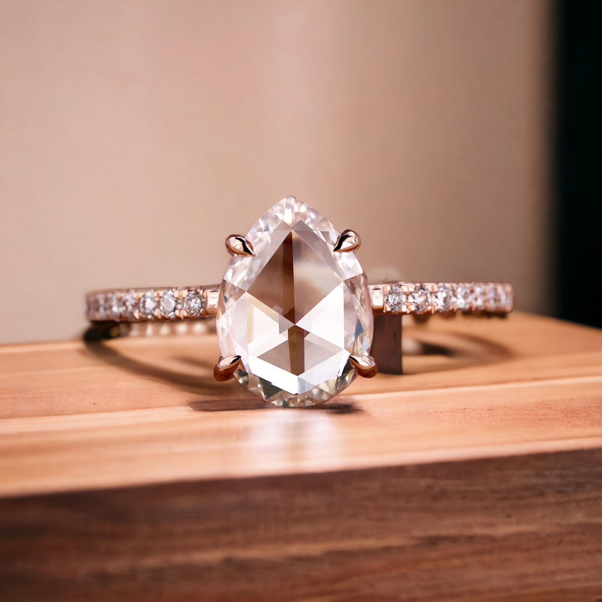 PhotoRoom-20231013_143041 Pear Rose Cut Moissanite Diamond Pave Engagement Ring, Gifts for women - Image 1