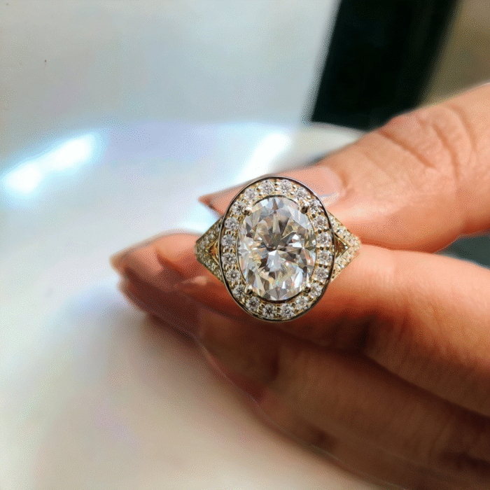 Handmade Oval Split Shank Halo Diamond Engagement Ring, Moissanite Ring, Gifts for women - Image 5