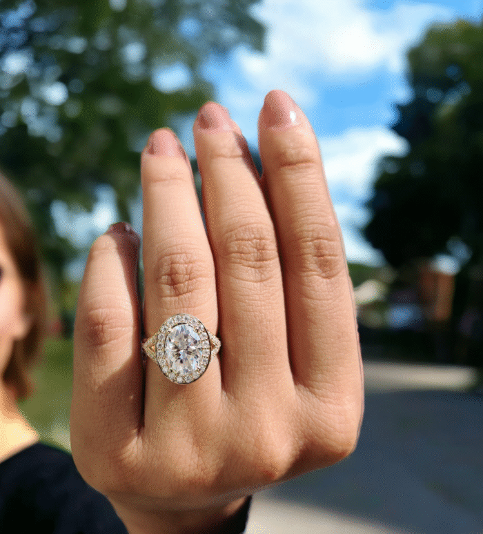 Handmade Oval Split Shank Halo Diamond Engagement Ring, Moissanite Ring, Gifts for women - Image 6