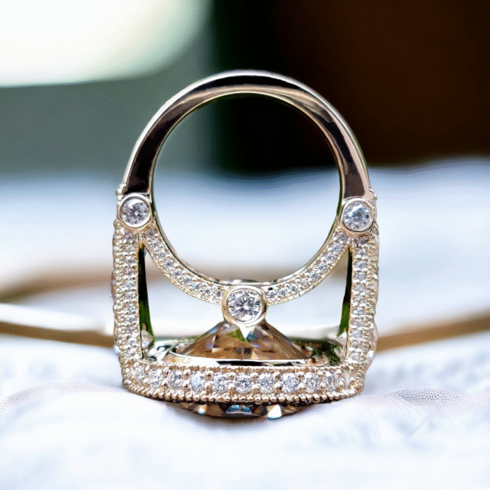 Vintage Halo Diamond Engagement Ring with Antique Cushion Cut and Crushed Ice Finish, Moissanite Ring - Image 3