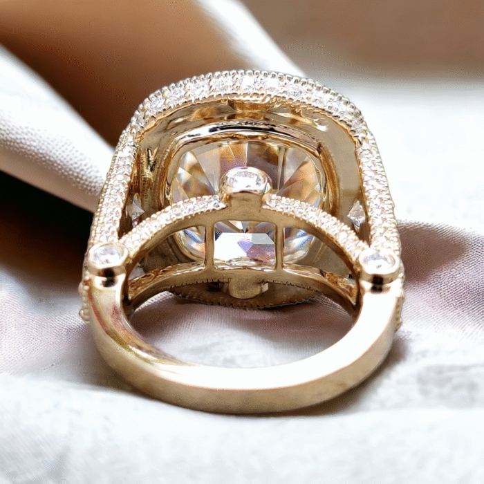 Vintage Halo Diamond Engagement Ring with Antique Cushion Cut and Crushed Ice Finish, Moissanite Ring - Image 5