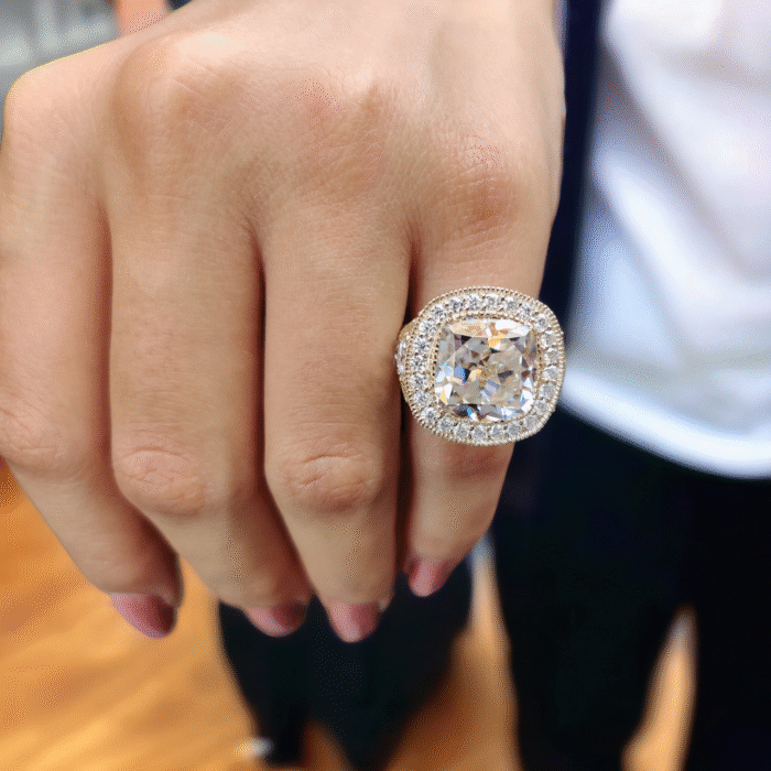 Vintage Halo Diamond Engagement Ring with Antique Cushion Cut and Crushed Ice Finish, Moissanite Ring - Image 7