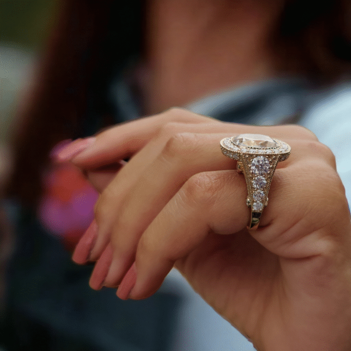 Vintage Halo Diamond Engagement Ring with Antique Cushion Cut and Crushed Ice Finish, Moissanite Ring - Image 8