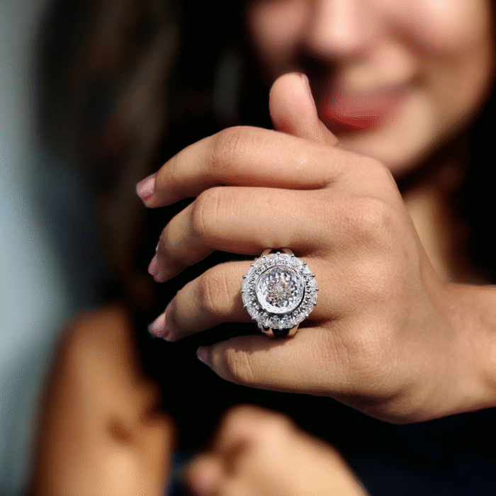 Floral Halo Trillion Cut Moissanite Engagement Ring, Portuguese Cut Bezel Set Design for Women, Anniversary Wedding Ring - Image 4