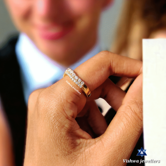 Round Moissanite Curved Double Layer Yellow Gold Wedding Anniversary Ring Band - Image 4