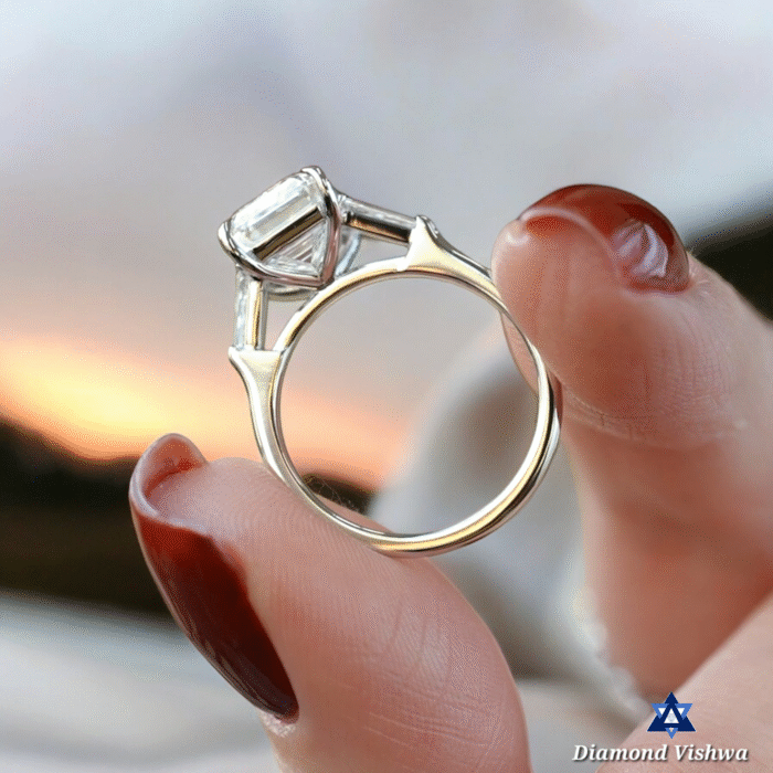 Timeless Emerald Moissanite Ring, Three Stone Design with Diamond Baguettes, Romantic Proposal or Anniversary Gift - Image 6