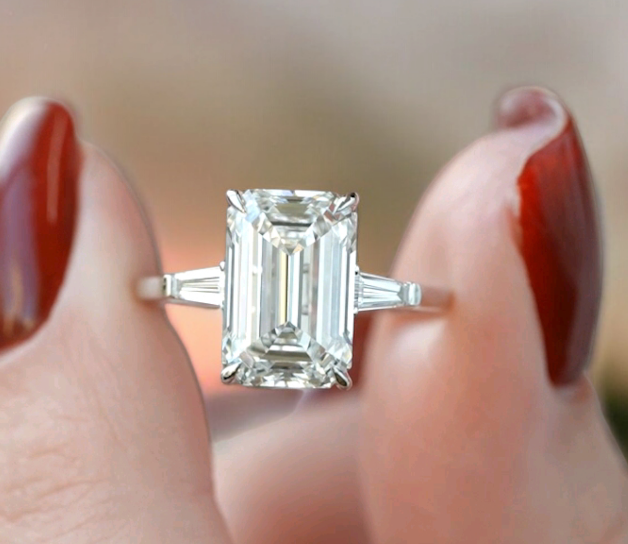 Photoroom-20240321_1156431111 Timeless Emerald Moissanite Ring, Three Stone Design with Diamond Baguettes, Romantic Proposal or Anniversary Gift - Image 1