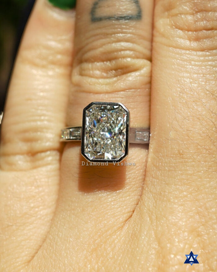 Stunning Radiant Cut Moissanite Engagement Ring Set - Bezel Set in White Gold with half Baguette channel set band, Anniversary gifts, Gifts for mom - Image 3