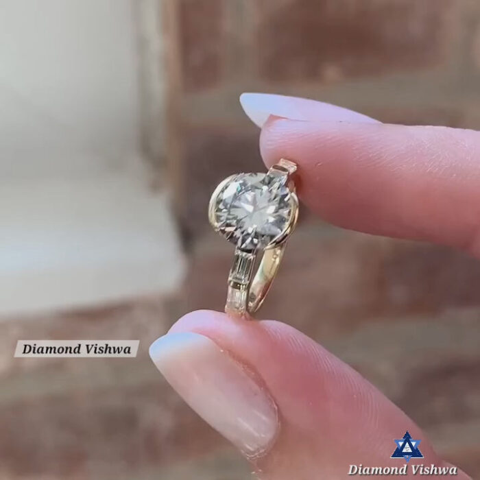 Stunning Moissanite Diamond Ring, Half Bezel Round Cut with Baguette Diamond Band, Perfect Engagement or Birthday Gift - Image 7