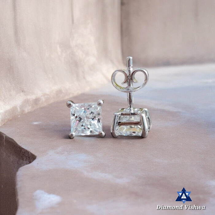 1.90 Carat Princess Cut Colorless Moissanite Stud Earrings in 14K White Gold - Image 3