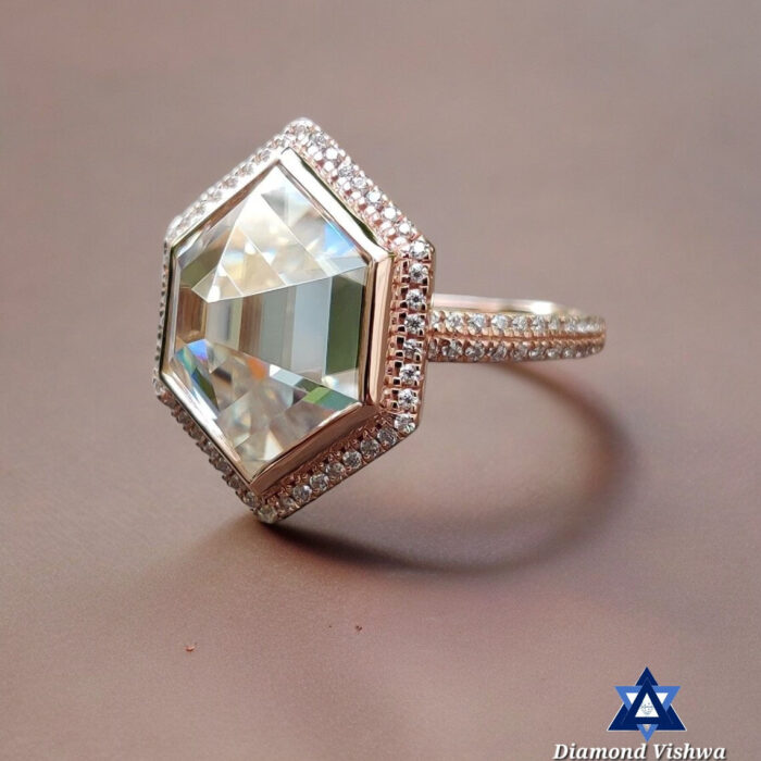 5.33 Carat Hexagon Rose Cut Moissanite Ring - Double Halo Bezel Set Designer Engagement Wedding Ring Vintage Style - Image 6