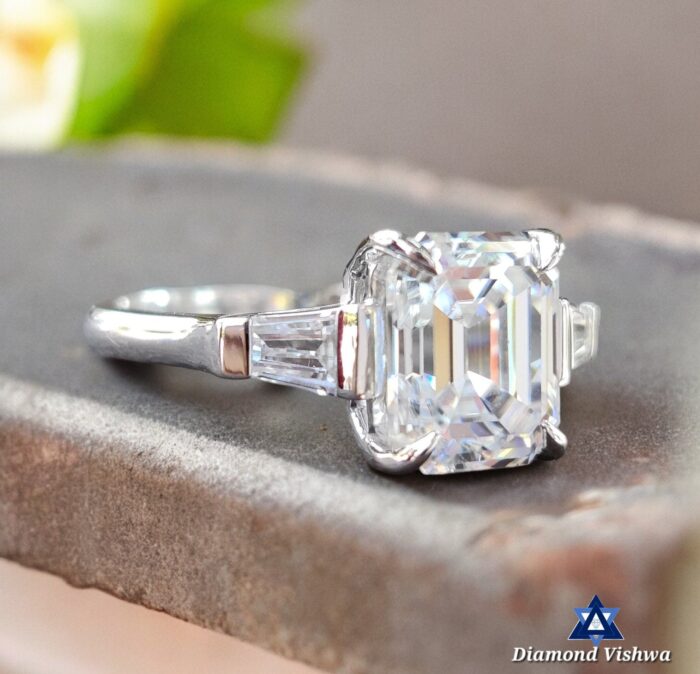2.68 CTW Emerald Cut Moissanite Three Stone Engagement Ring with Tapered Baguettes | Solid White Gold Anniversary Wedding Bridal Jewelry - Image 3