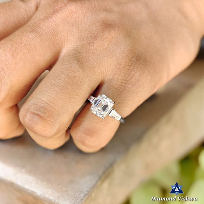 2.68 CTW Emerald Cut Moissanite Three Stone Engagement Ring with Tapered Baguettes | Solid White Gold Anniversary Wedding Bridal Jewelry - Image 6