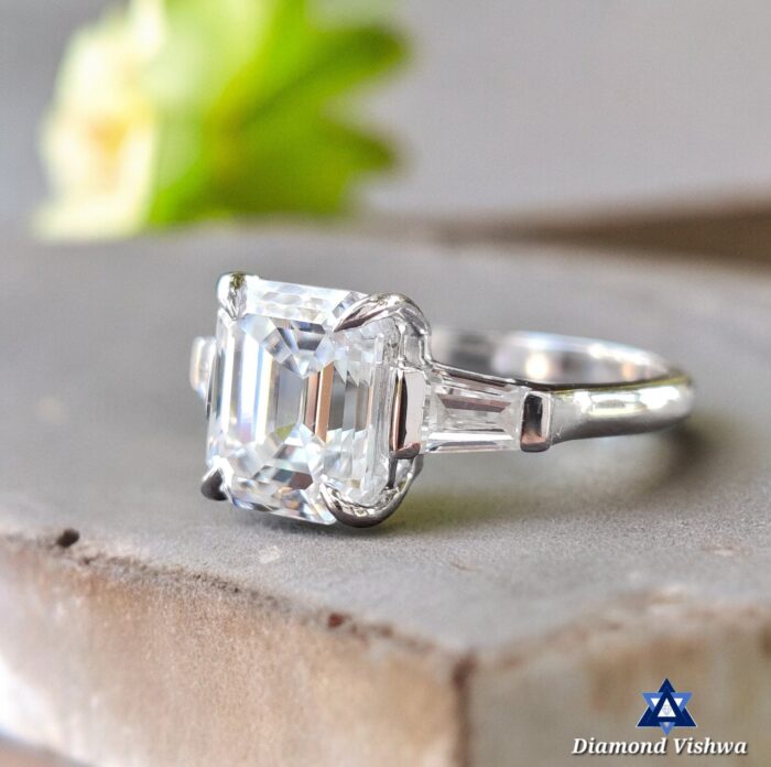 2.68 CTW Emerald Cut Moissanite Three Stone Engagement Ring with Tapered Baguettes | Solid White Gold Anniversary Wedding Bridal Jewelry - Image 2
