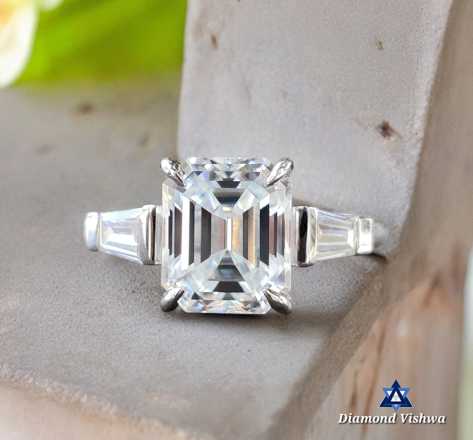 il_fullxfull.2278426027_4sqe-Photoroom 2.68 CTW Emerald Cut Moissanite Three Stone Engagement Ring with Tapered Baguettes | Solid White Gold Anniversary Wedding Bridal Jewelry - Image 1