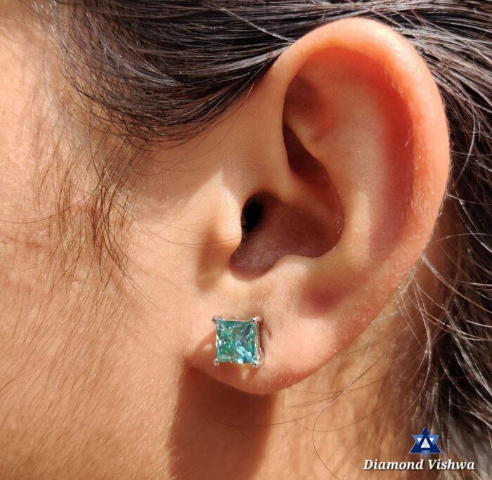 2.56 CT Princess Cut Cyan Blue Moissanite Stud Earrings Screw Back Bridal Set - Image 5