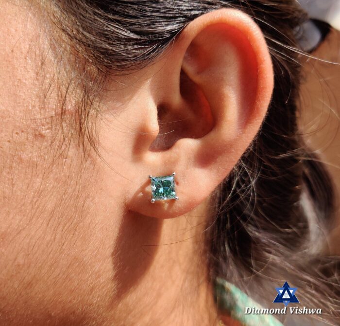 2.56 CT Princess Cut Cyan Blue Moissanite Stud Earrings Screw Back Bridal Set - Image 4