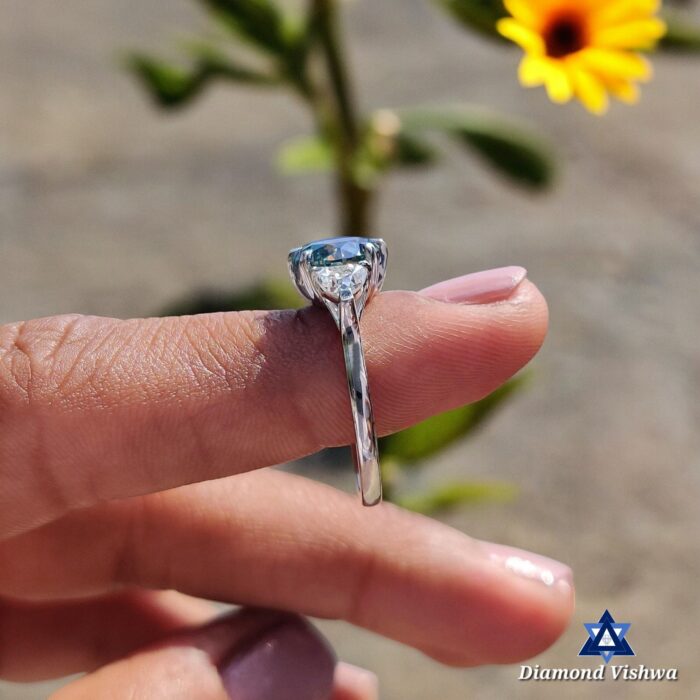 2.21 CTW Round Cyan Blue Moissanite Three Stone Engagement Wedding Ring | Trillion Cut Side Stones | Promise Bridal Jewelry for Her - Image 8