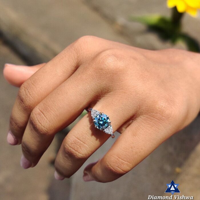 2.21 CTW Round Cyan Blue Moissanite Three Stone Engagement Wedding Ring | Trillion Cut Side Stones | Promise Bridal Jewelry for Her - Image 7