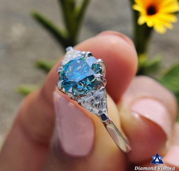 2.21 CTW Round Cyan Blue Moissanite Three Stone Engagement Wedding Ring | Trillion Cut Side Stones | Promise Bridal Jewelry for Her - Image 6