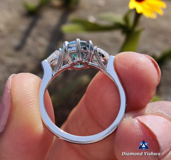 2.21 CTW Round Cyan Blue Moissanite Three Stone Engagement Wedding Ring | Trillion Cut Side Stones | Promise Bridal Jewelry for Her - Image 5