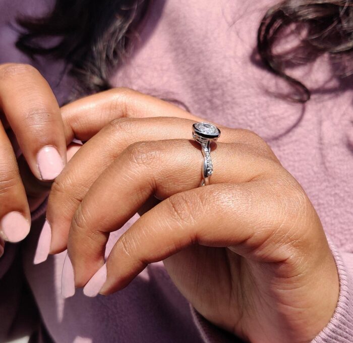 2.06ct Portuguese Cut Moissanite Bezel Ring | Twisted Pavé Band | Unique Engagement - Image 8