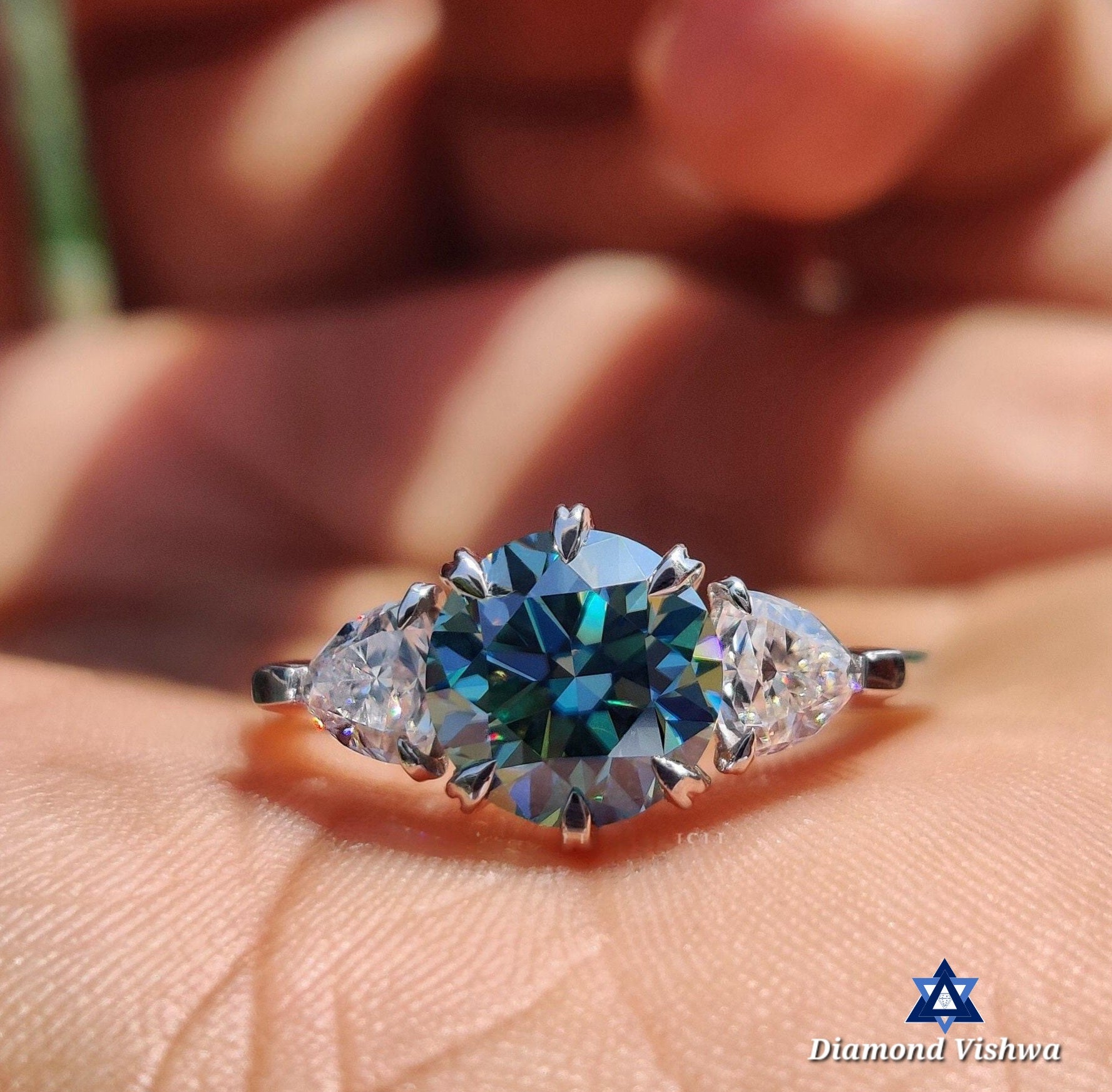 il_fullxfull.4982052283_2lfb-transformed 2.21 CTW Round Cyan Blue Moissanite Three Stone Engagement Wedding Ring | Trillion Cut Side Stones | Promise Bridal Jewelry for Her - Image 1